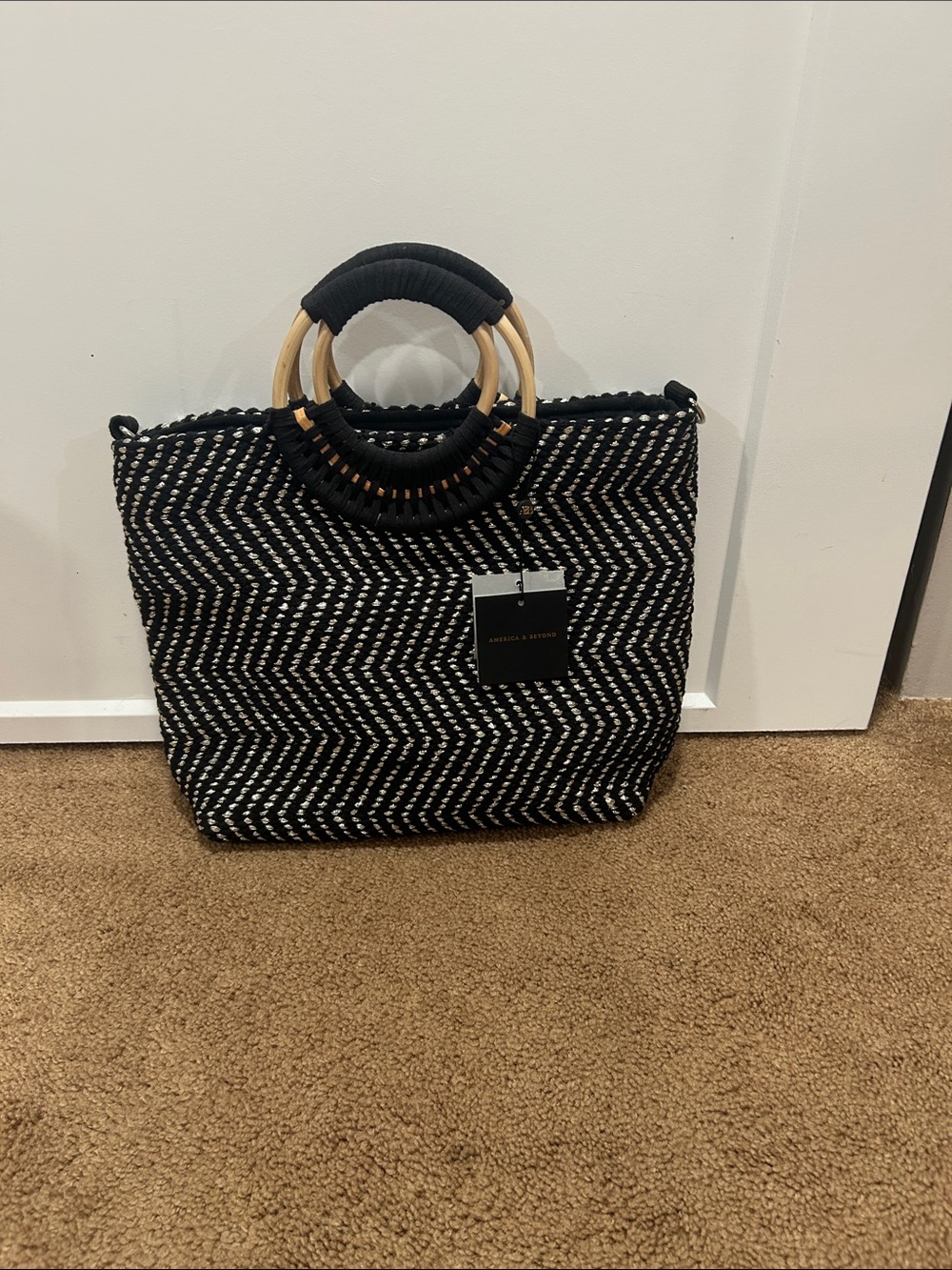 Textured Black and White Woven Tote with Wooden Circle Handles